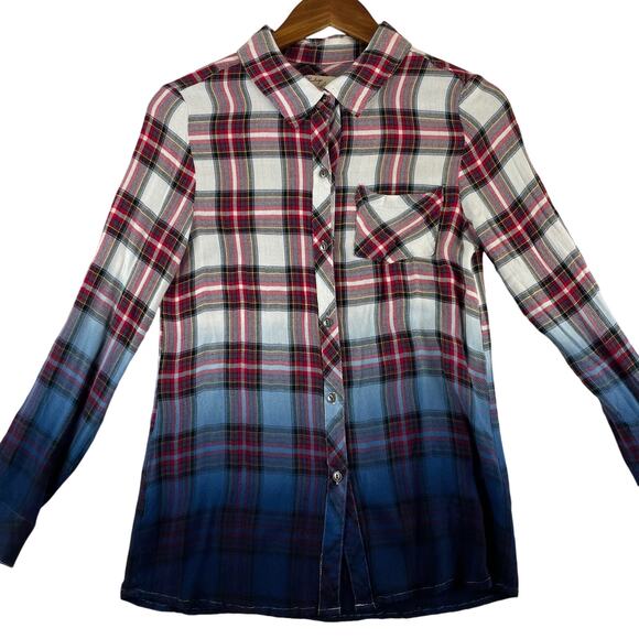 Vintage Havana Plaid Dip Dye Button Collar Long Sleeve Top Size S - Picture 1 of 9